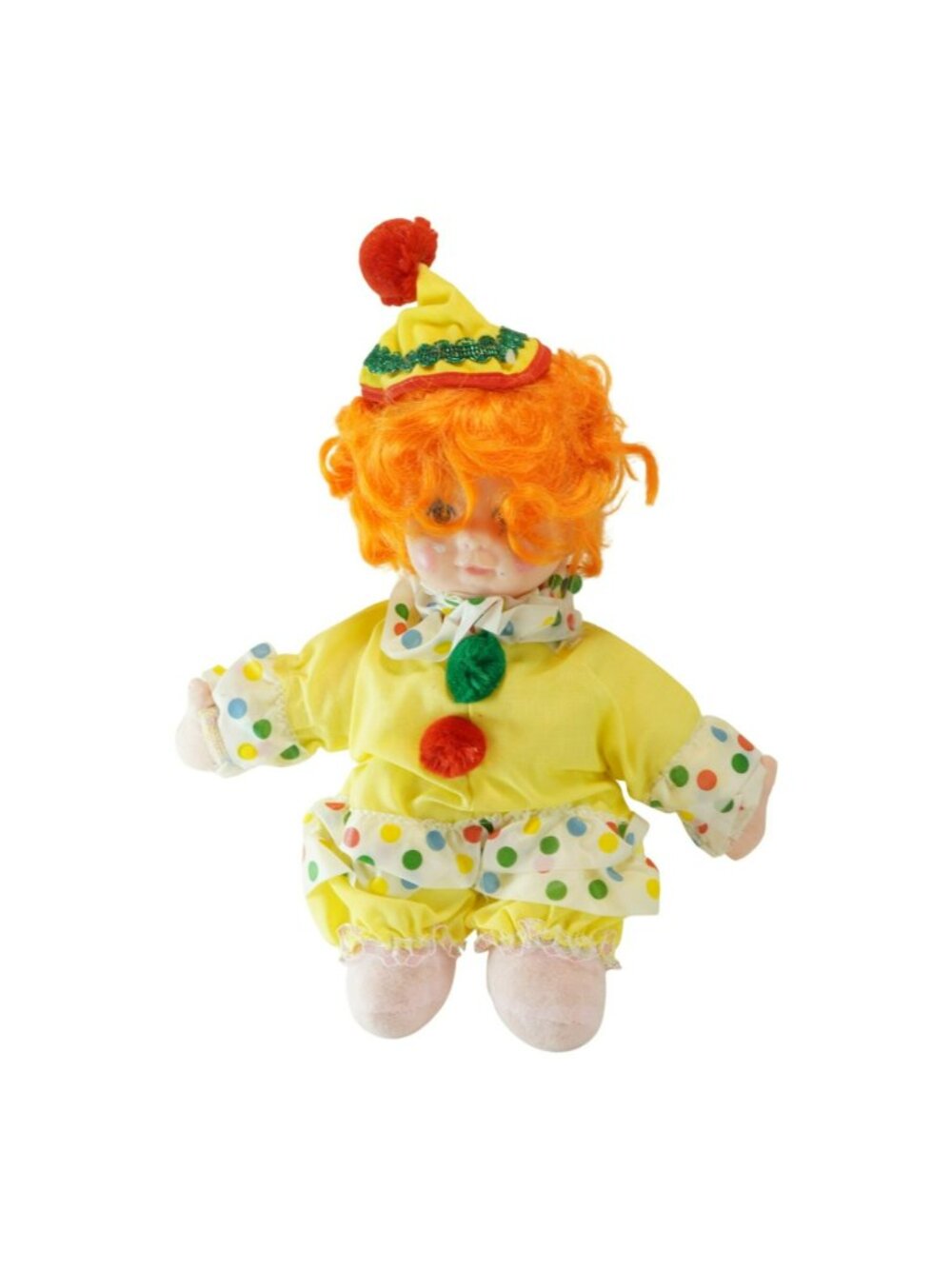 Vintage Clown Doll Orange Yarn Hair Yellow Polka Dot Outfit Plush Toy